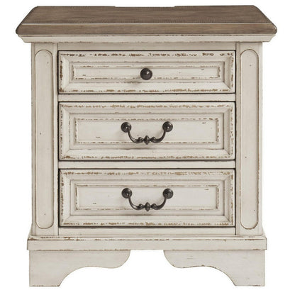 Benjara Farah 27 Inch Nightstand | 3 Drawers with Charging | Cottage Distressed White, Dark Bronze