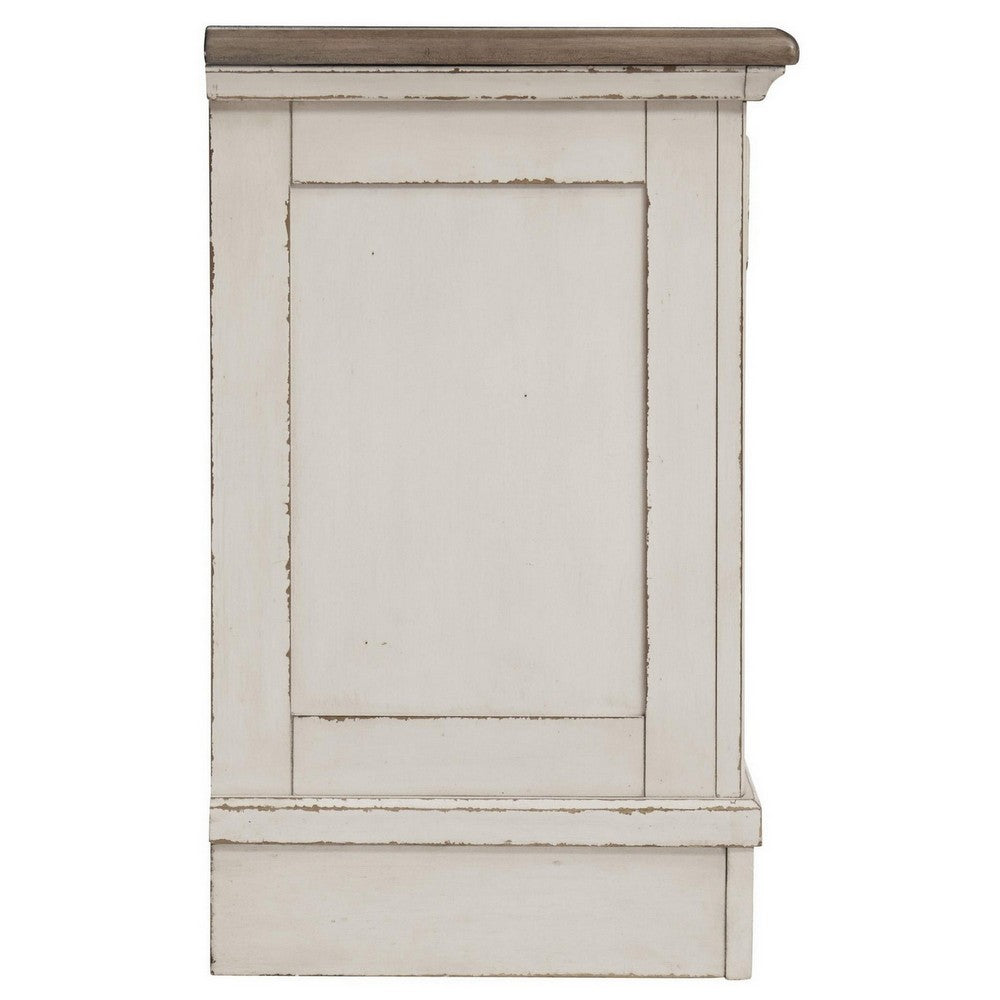 Benjara Farah 27 Inch Nightstand | 3 Drawers with Charging | Cottage Distressed White, Dark Bronze