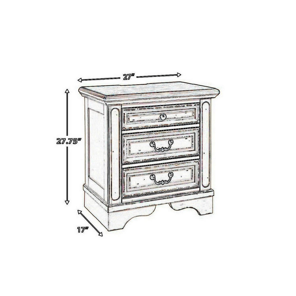 Benjara Farah 27 Inch Nightstand | 3 Drawers with Charging | Cottage Distressed White, Dark Bronze