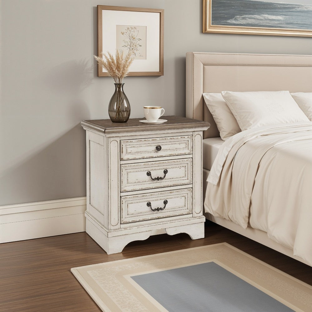 Benjara Farah 27 Inch Nightstand | 3 Drawers with Charging | Cottage Distressed White, Dark Bronze