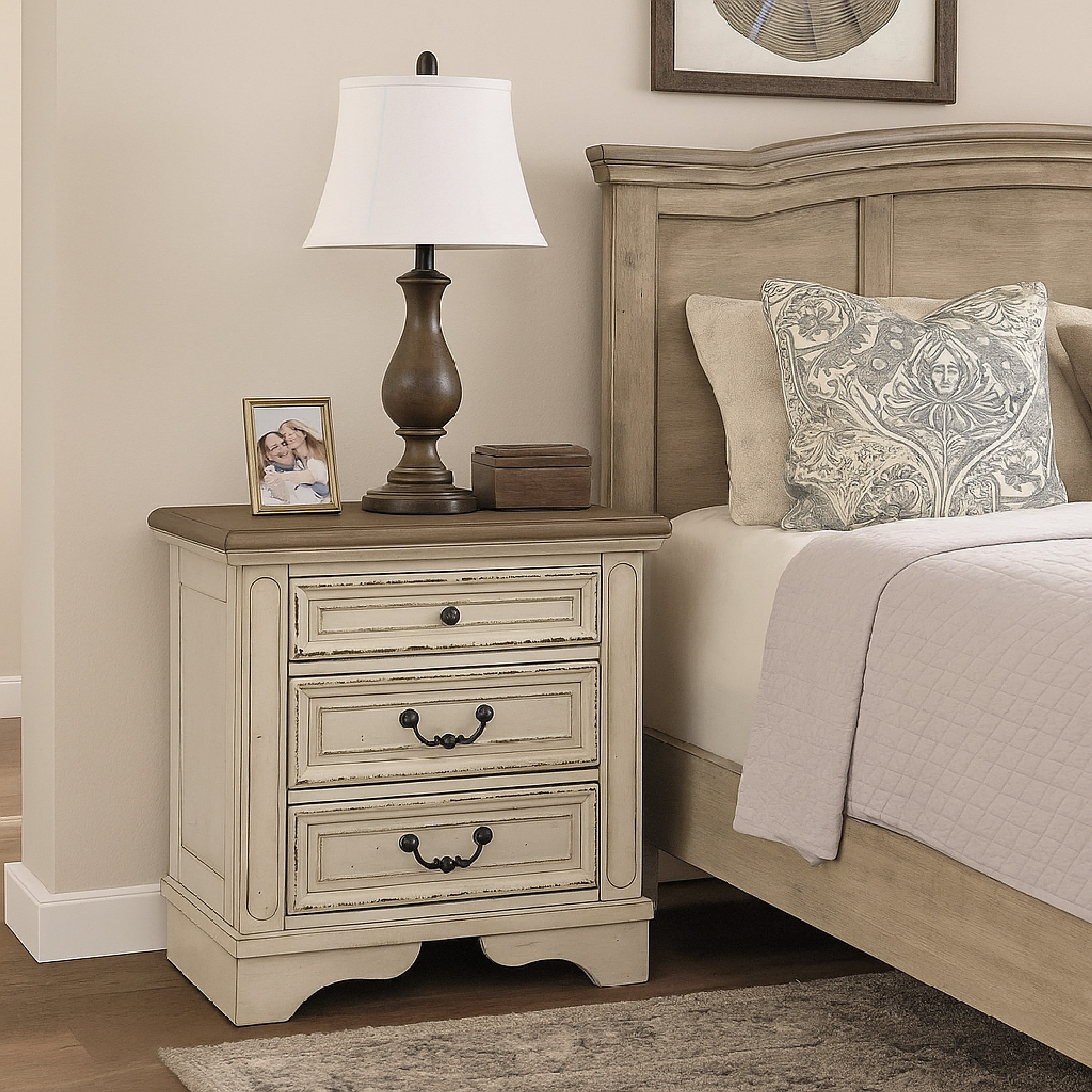 Benjara Farah 27 Inch Nightstand | 3 Drawers with Charging | Cottage Distressed White, Dark Bronze