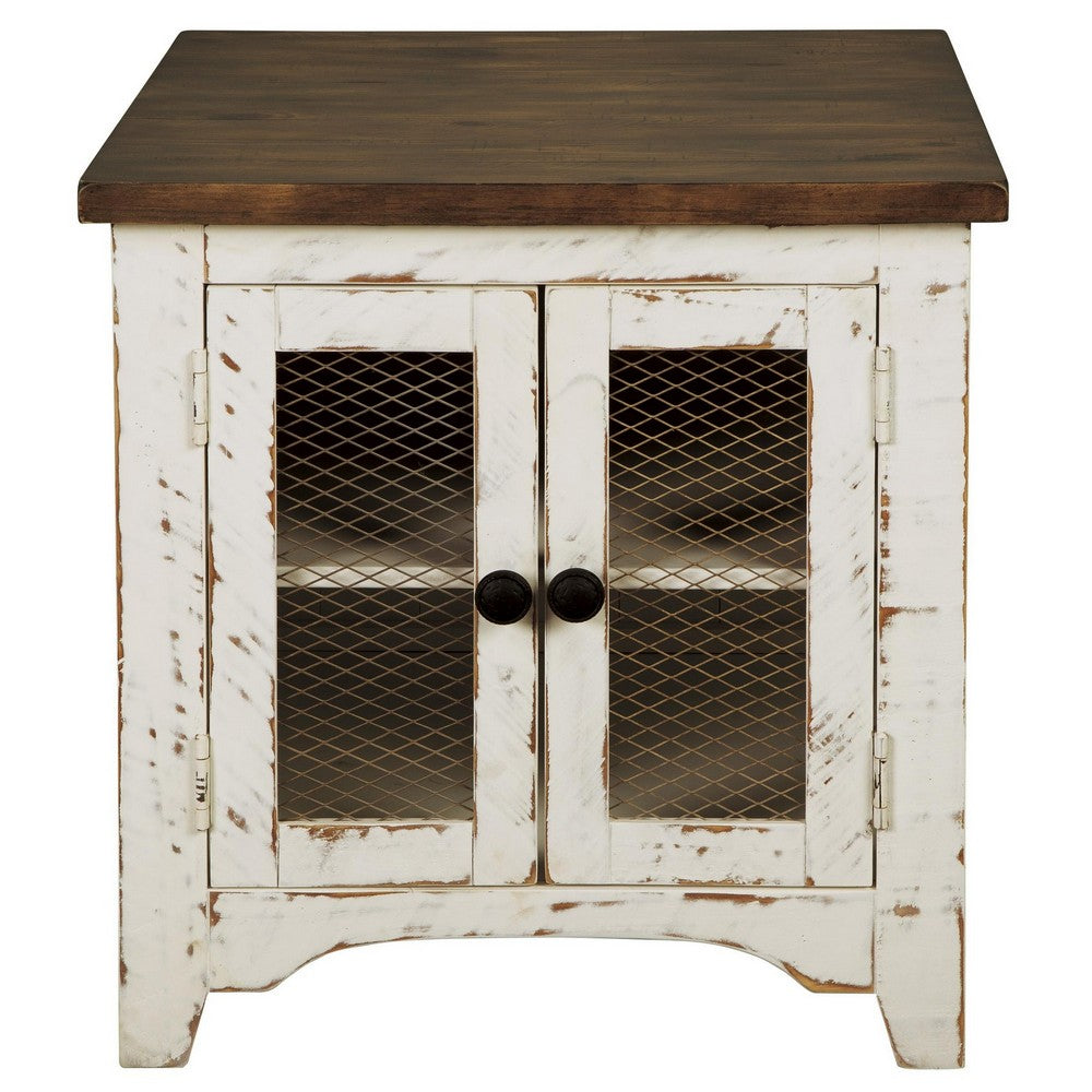 Benjara Two Tone Wooden End Table with Metal Grill Cabinet, Brown And White