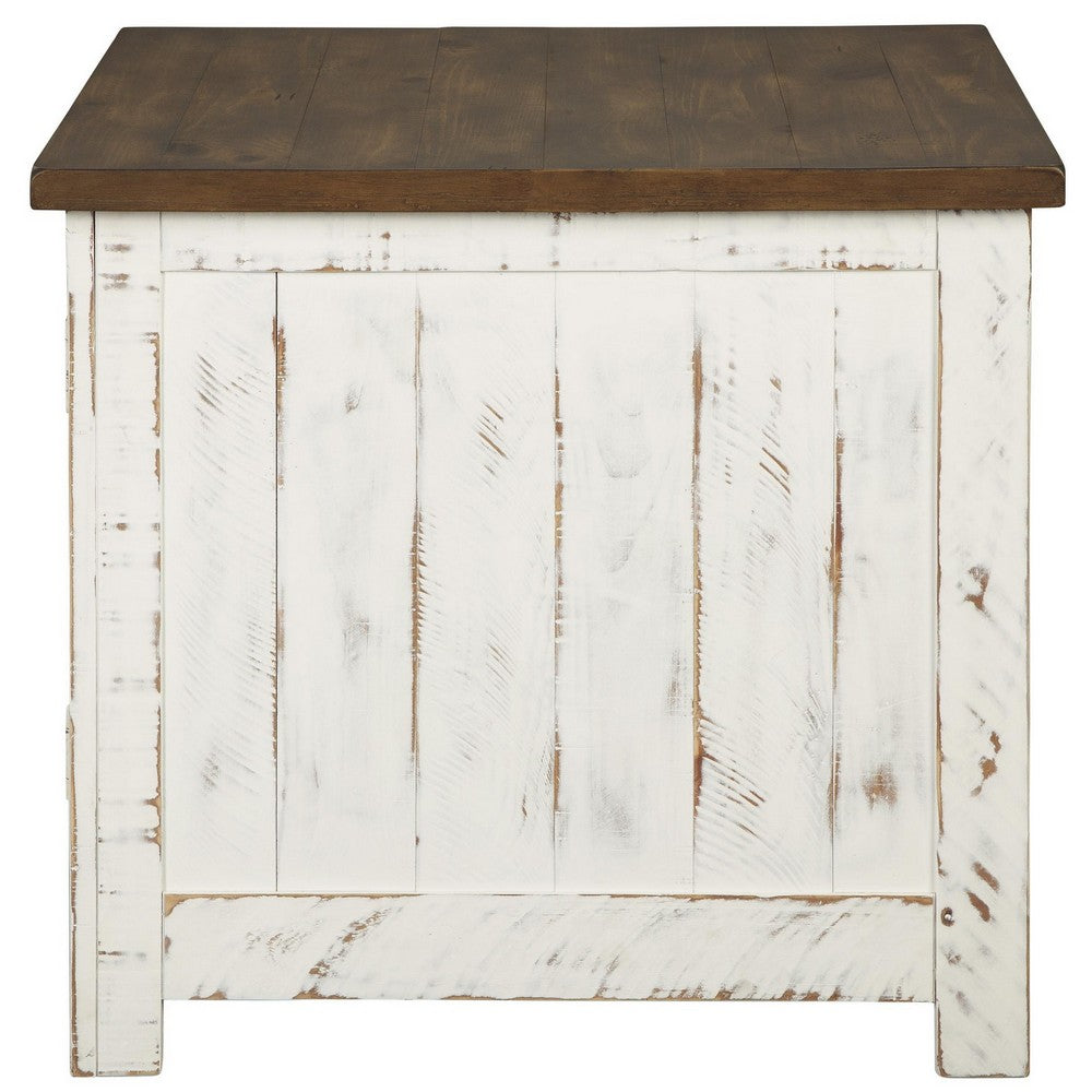 Benjara Two Tone Wooden End Table with Metal Grill Cabinet, Brown And White