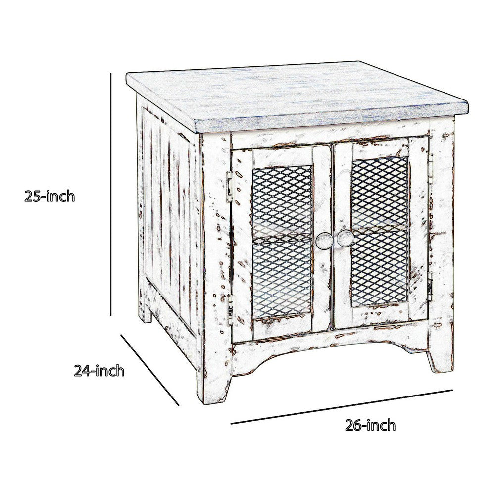Benjara Two Tone Wooden End Table with Metal Grill Cabinet, Brown And White