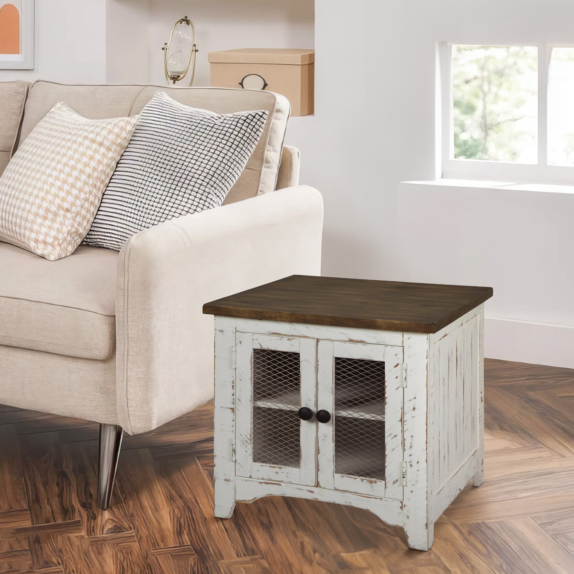 Benjara Two Tone Wooden End Table with Metal Grill Cabinet, Brown And White