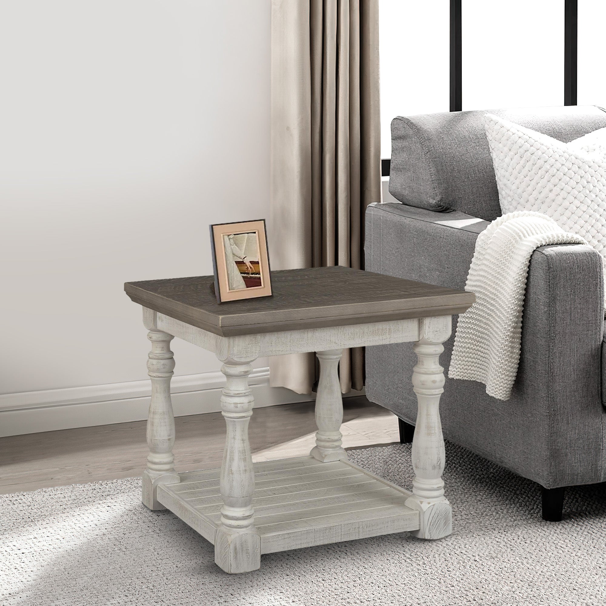 Benjara Plank Style End Table with Turned Legs And Open Shelf, White And Gray