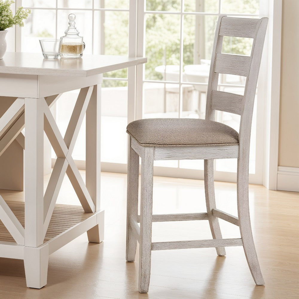 Benjara Myra Barstool Chair Set of 2 | Padded Seats And Ladderbacks | Dual Tone Weathered White Brown