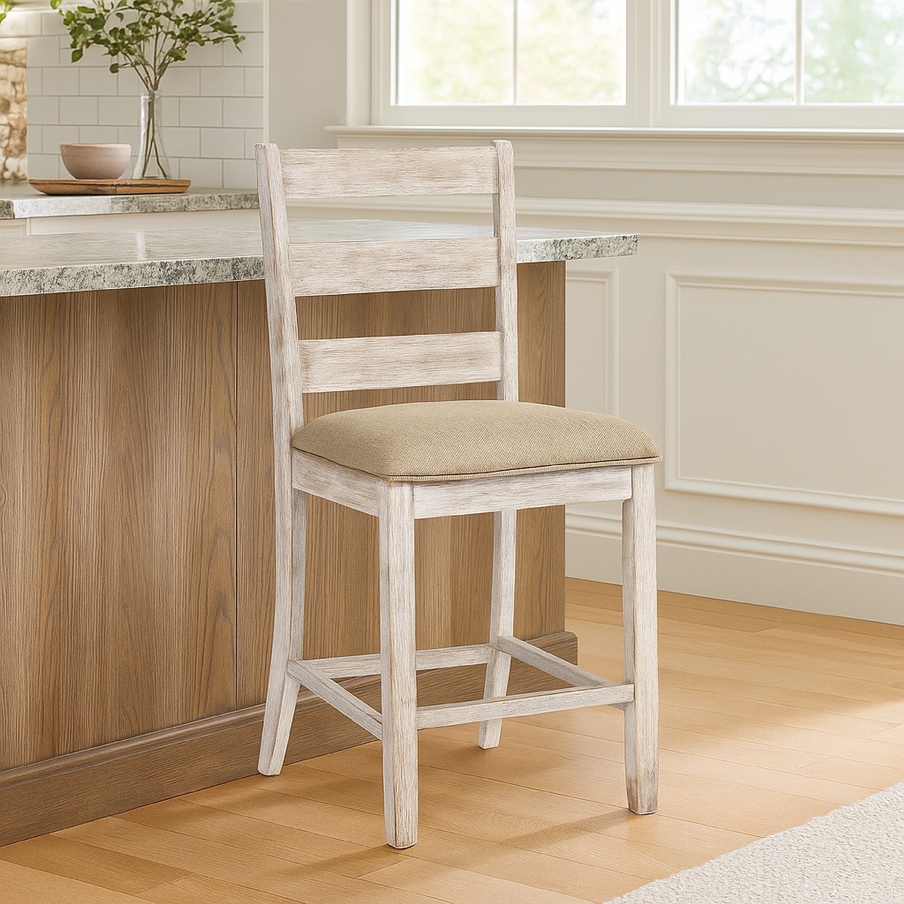 Benjara Myra Barstool Chair Set of 2 | Padded Seats And Ladderbacks | Dual Tone Weathered White Brown
