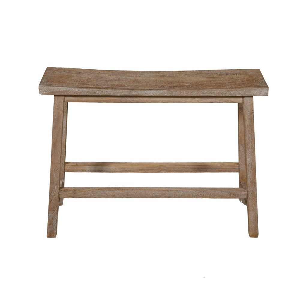 Benjara 33 Inch Saddle Seat Bench with Angled Frame, Sandblasted Antique Brown Acacia Wood