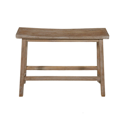 Benjara 33 Inch Saddle Seat Bench with Angled Frame, Sandblasted Antique Brown Acacia Wood