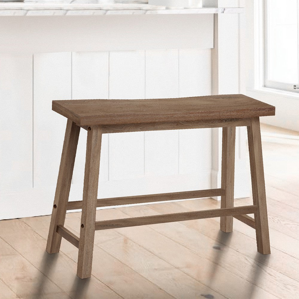 Benjara 33 Inch Saddle Seat Bench with Angled Frame, Sandblasted Antique Brown Acacia Wood