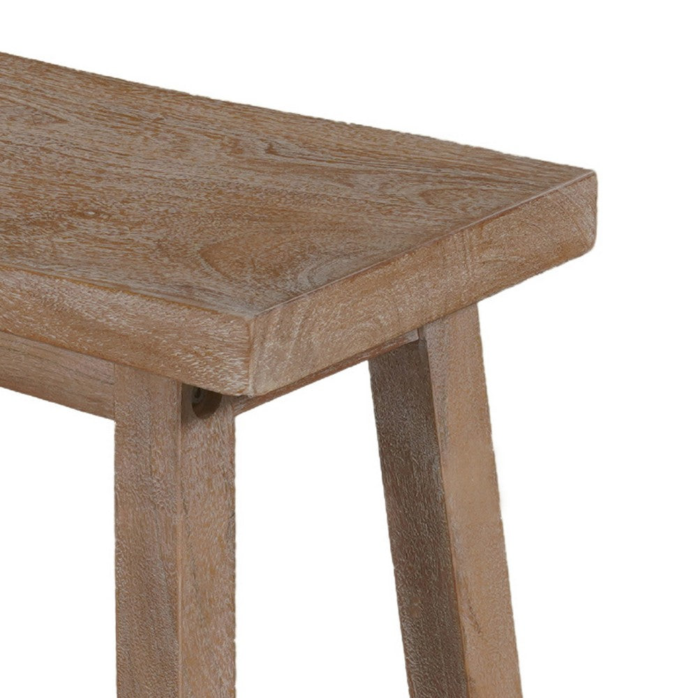 Benjara 33 Inch Saddle Seat Bench with Angled Frame, Sandblasted Antique Brown Acacia Wood