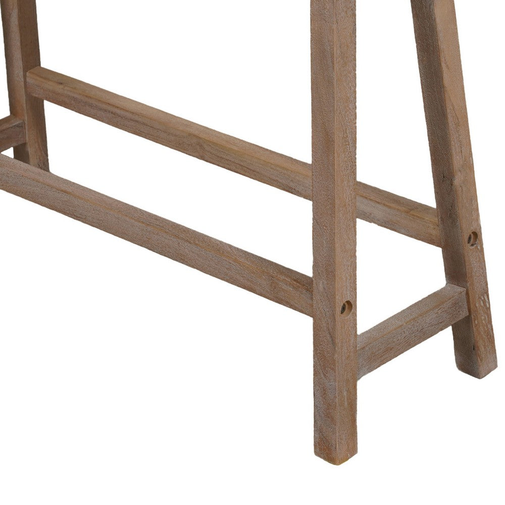 Benjara 33 Inch Saddle Seat Bench with Angled Frame, Sandblasted Antique Brown Acacia Wood