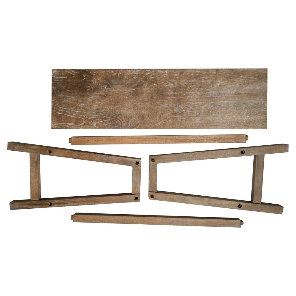 Benjara 33 Inch Saddle Seat Bench with Angled Frame, Sandblasted Antique Brown Acacia Wood