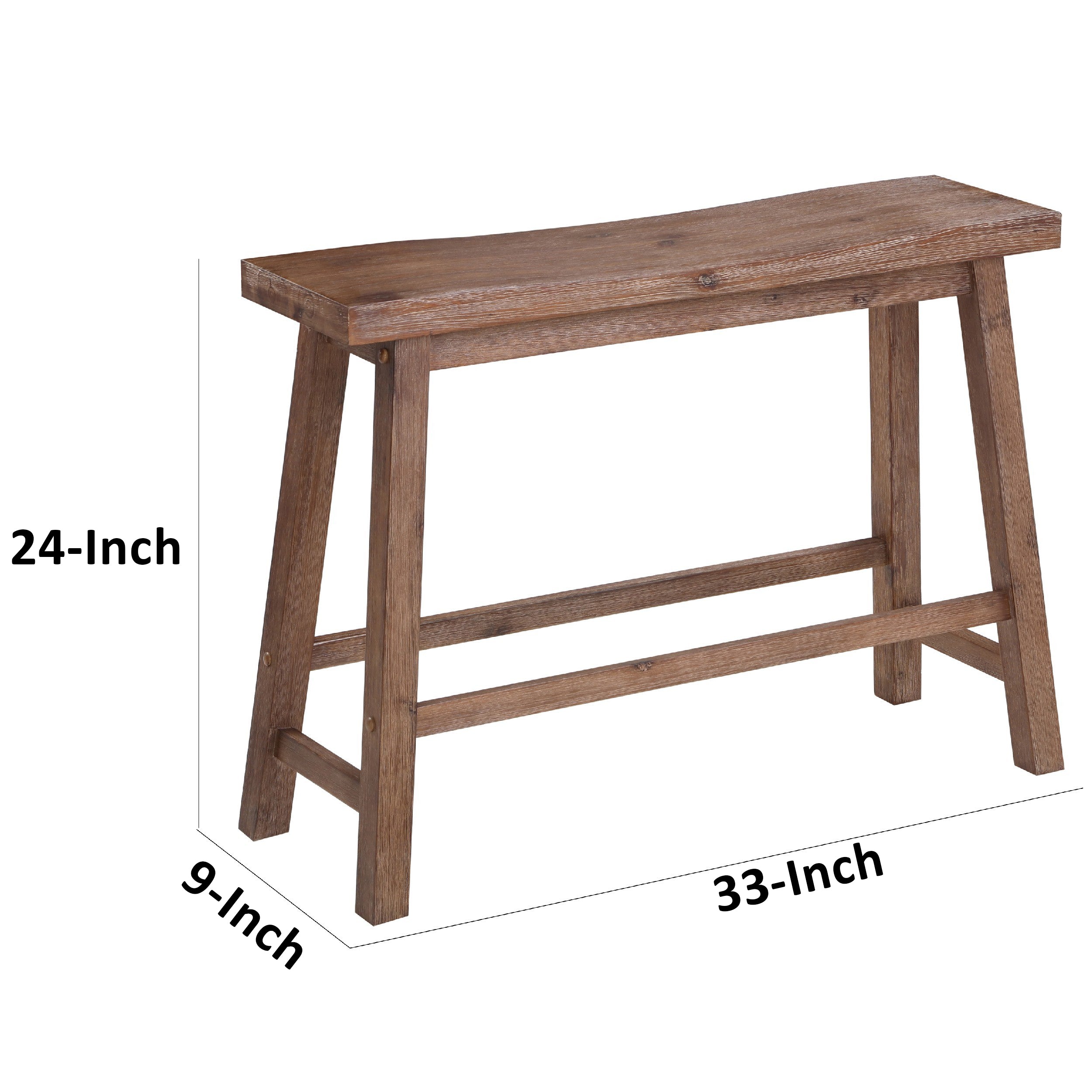 Benjara 33 Inch Saddle Seat Bench with Angled Frame, Sandblasted Antique Brown Acacia Wood