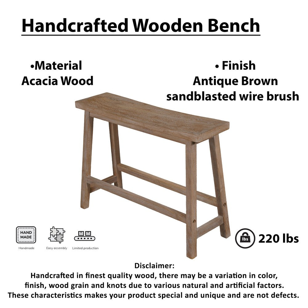Benjara 33 Inch Saddle Seat Bench with Angled Frame, Sandblasted Antique Brown Acacia Wood