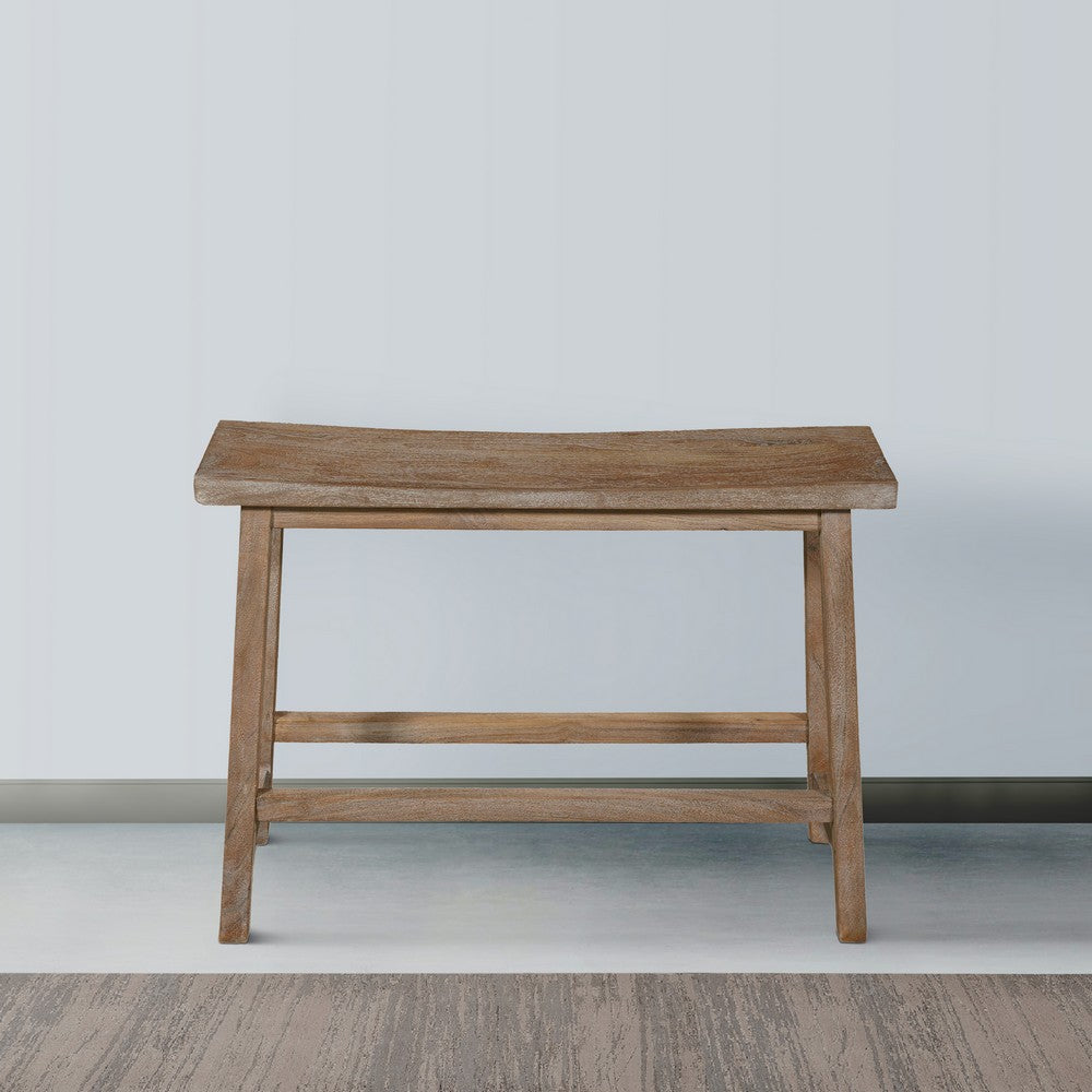 Benjara 33 Inch Saddle Seat Bench with Angled Frame, Sandblasted Antique Brown Acacia Wood