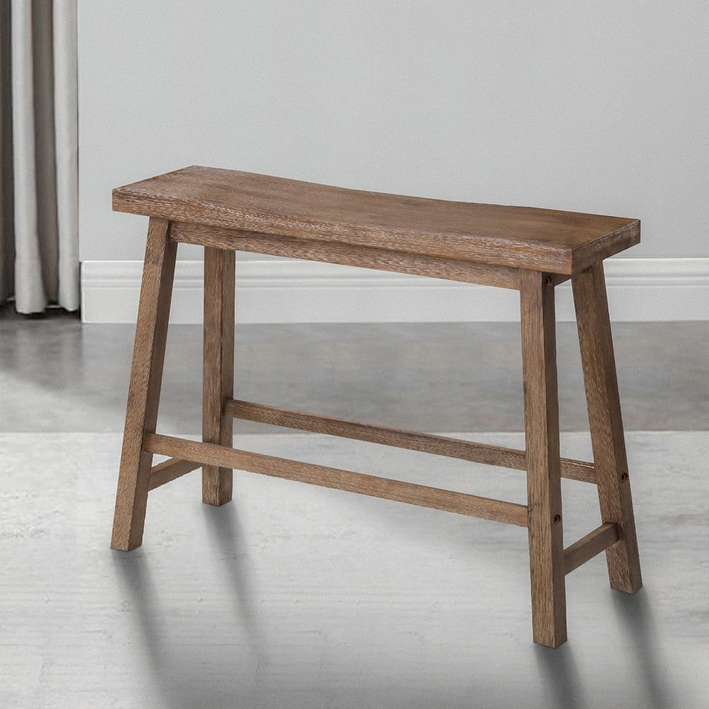 Benjara 33 Inch Saddle Seat Bench with Angled Frame, Sandblasted Antique Brown Acacia Wood