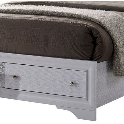 Benjara Panel Design Eastern King Bed with Silver Accents And Bracket Feet, White