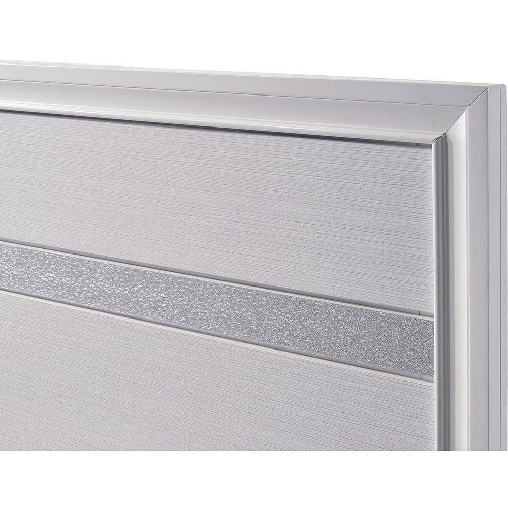 Benjara Panel Design Eastern King Bed with Silver Accents And Bracket Feet, White