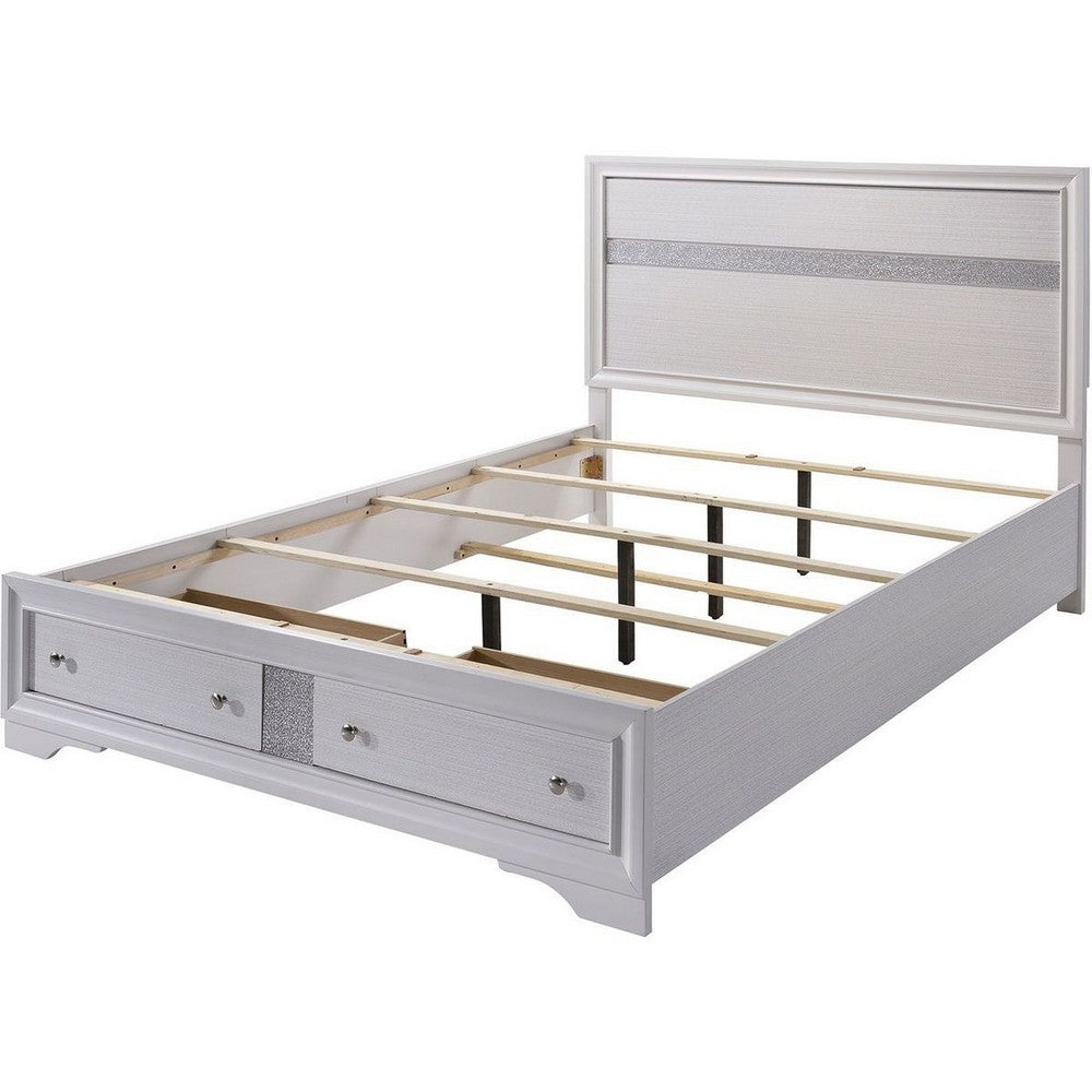 Benjara Panel Design Eastern King Bed with Silver Accents And Bracket Feet, White