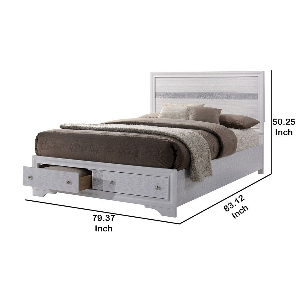 Benjara Panel Design Eastern King Bed with Silver Accents And Bracket Feet, White