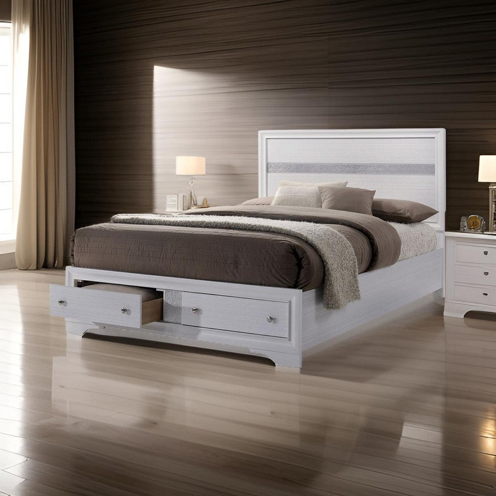 Benjara Panel Design Eastern King Bed with Silver Accents And Bracket Feet, White