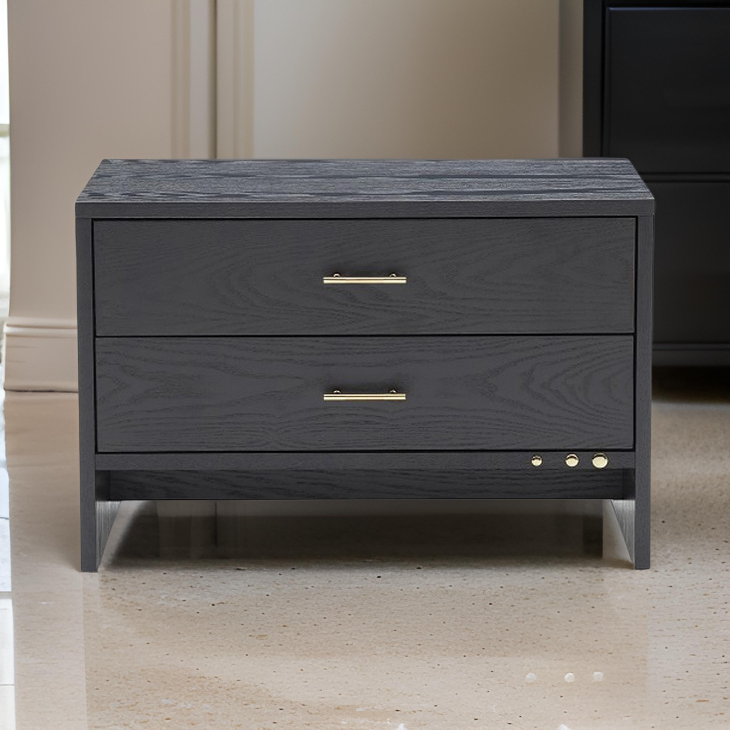 Benjara 2 Drawer Wooden Nightstand with Brass Handles And Accents, Gray