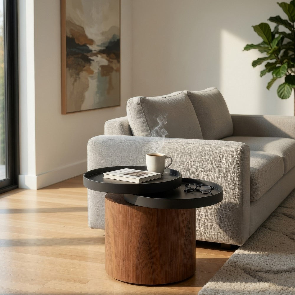 Benjara Cylindrical Wooden End Table with Swivel Tray Top, Brown And Black