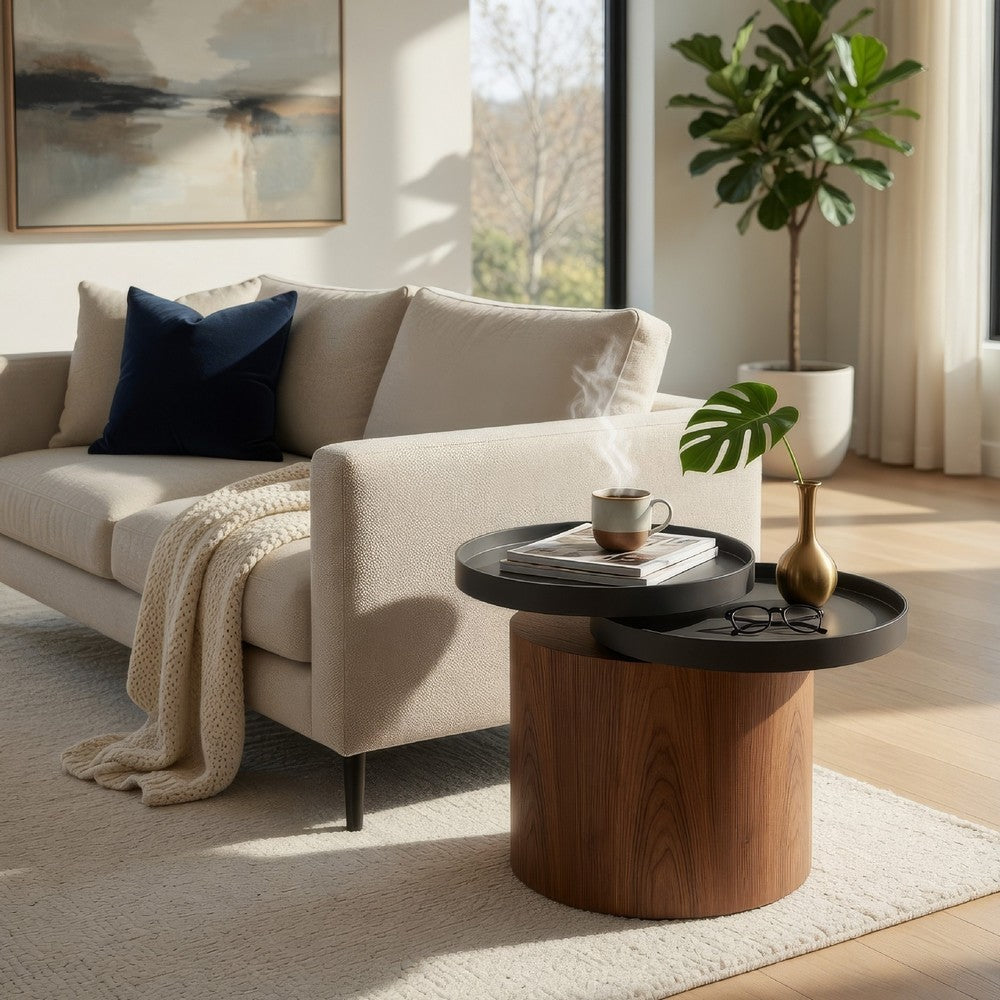 Benjara Cylindrical Wooden End Table with Swivel Tray Top, Brown And Black