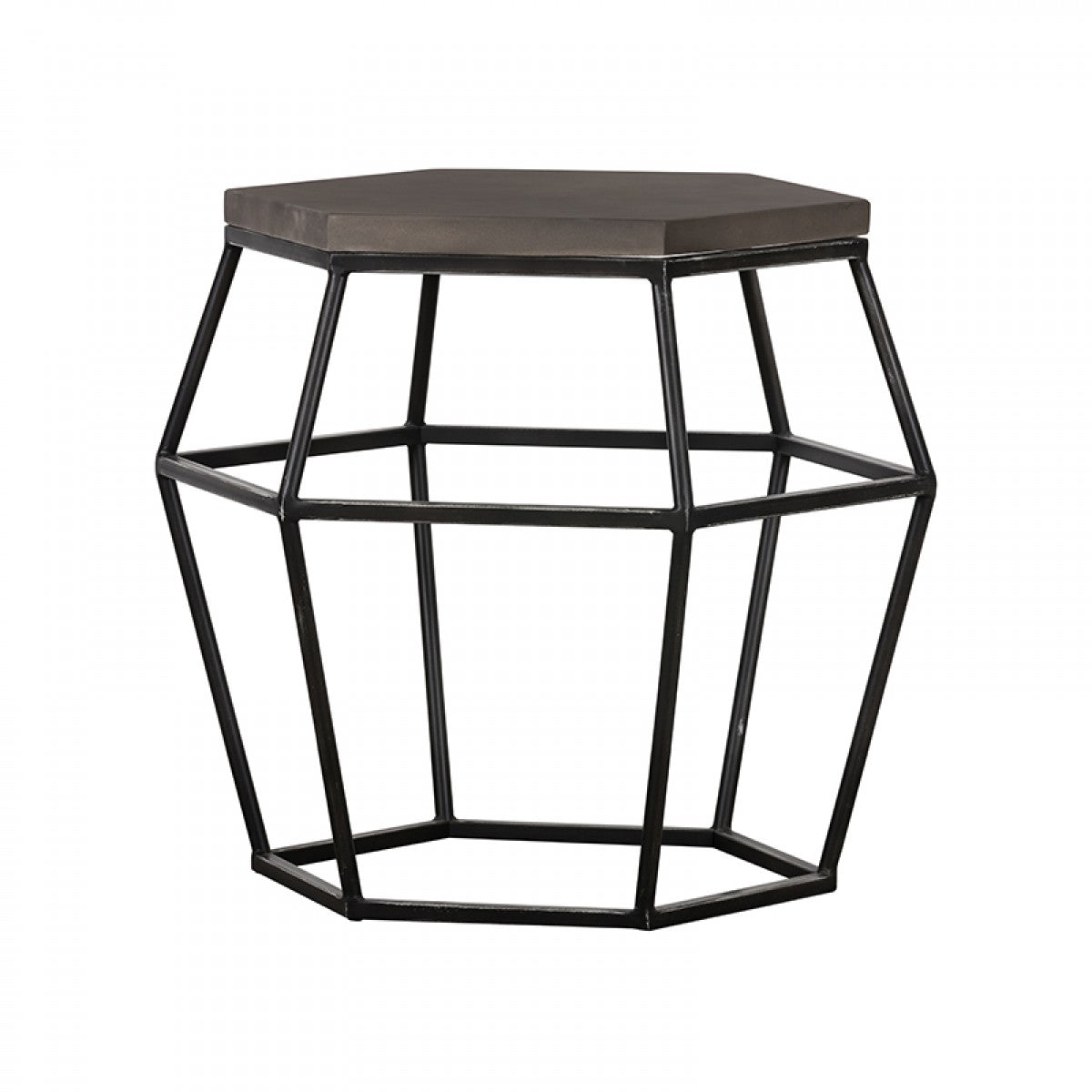 Benjara Hexagonal Concrete End Table with Metal Base, Gray And Black
