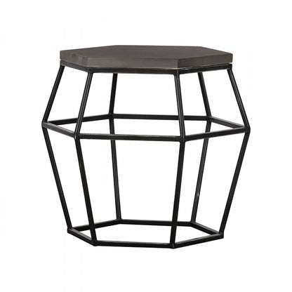 Benjara Hexagonal Concrete End Table with Metal Base, Gray And Black