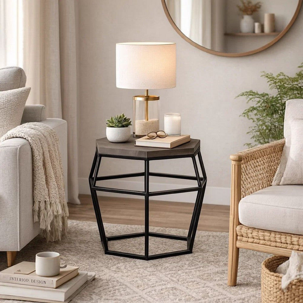 Benjara Hexagonal Concrete End Table with Metal Base, Gray And Black