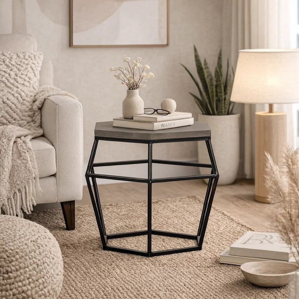 Benjara Hexagonal Concrete End Table with Metal Base, Gray And Black