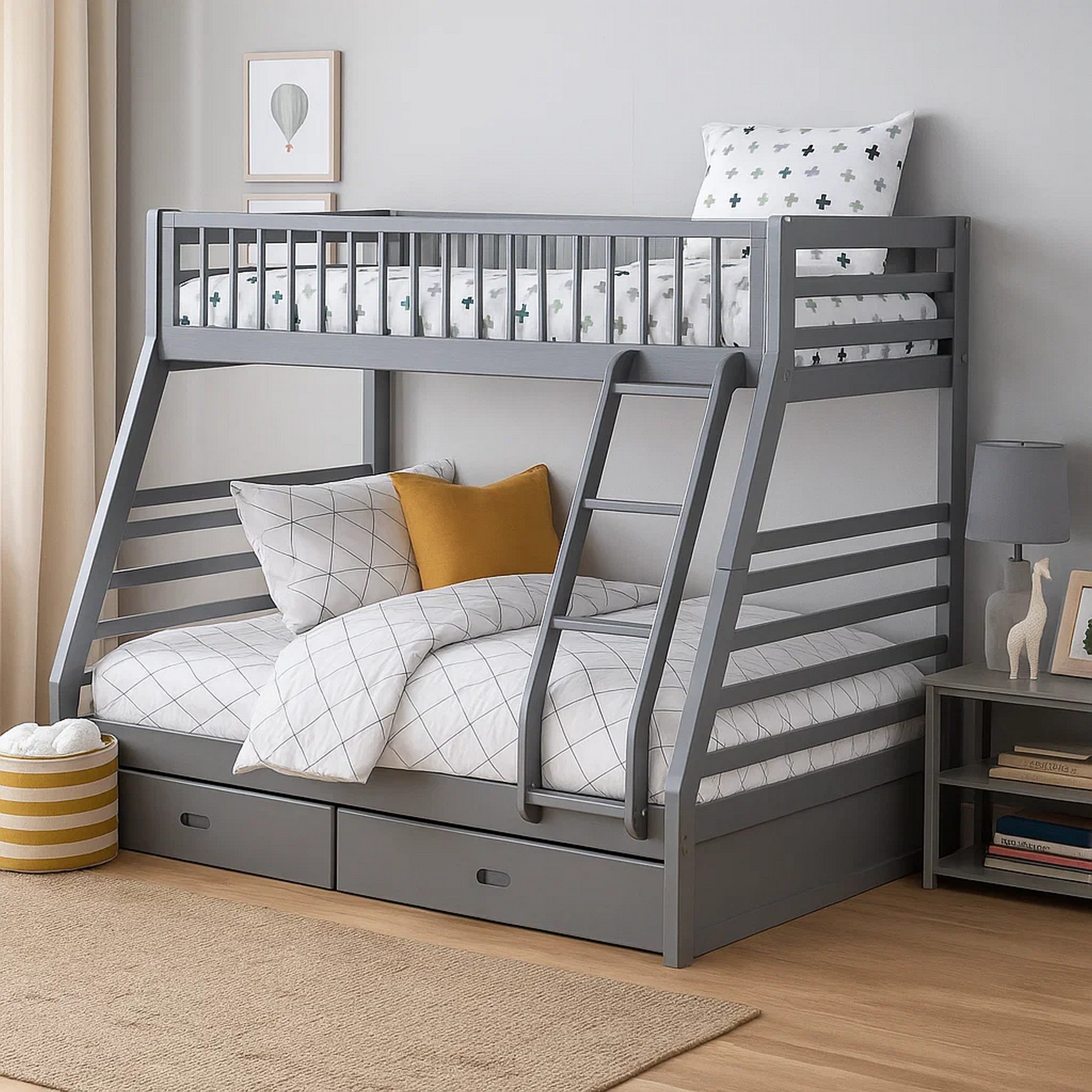 Benjara Transitional Twin Size Bunk Bed with Vertical Slats And Angled Ladder,Gray