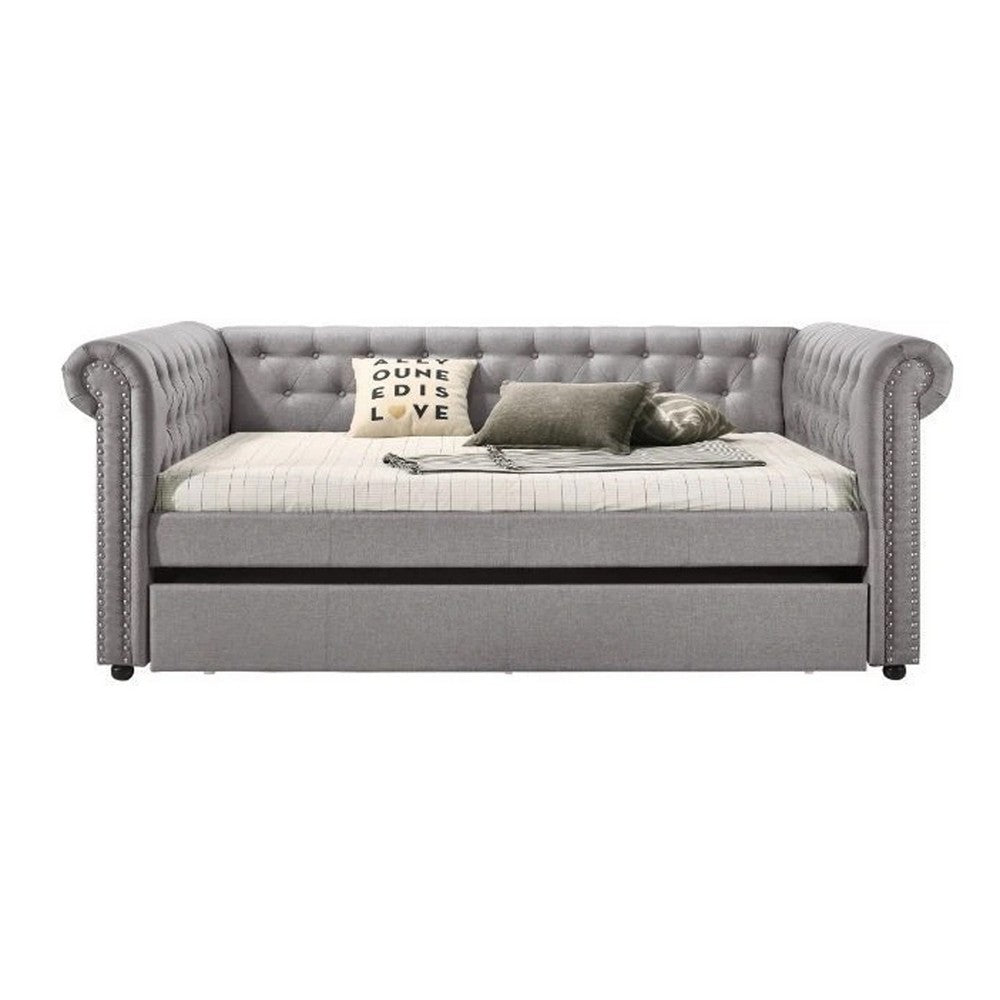 Benjara Chesterfield Twin Size Daybed with Attached Trundle And Nailhead Trims,Gray