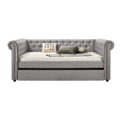 Benjara Chesterfield Twin Size Daybed with Attached Trundle And Nailhead Trims,Gray