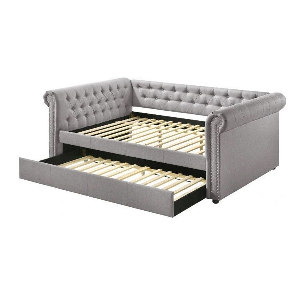 Benjara Chesterfield Twin Size Daybed with Attached Trundle And Nailhead Trims,Gray