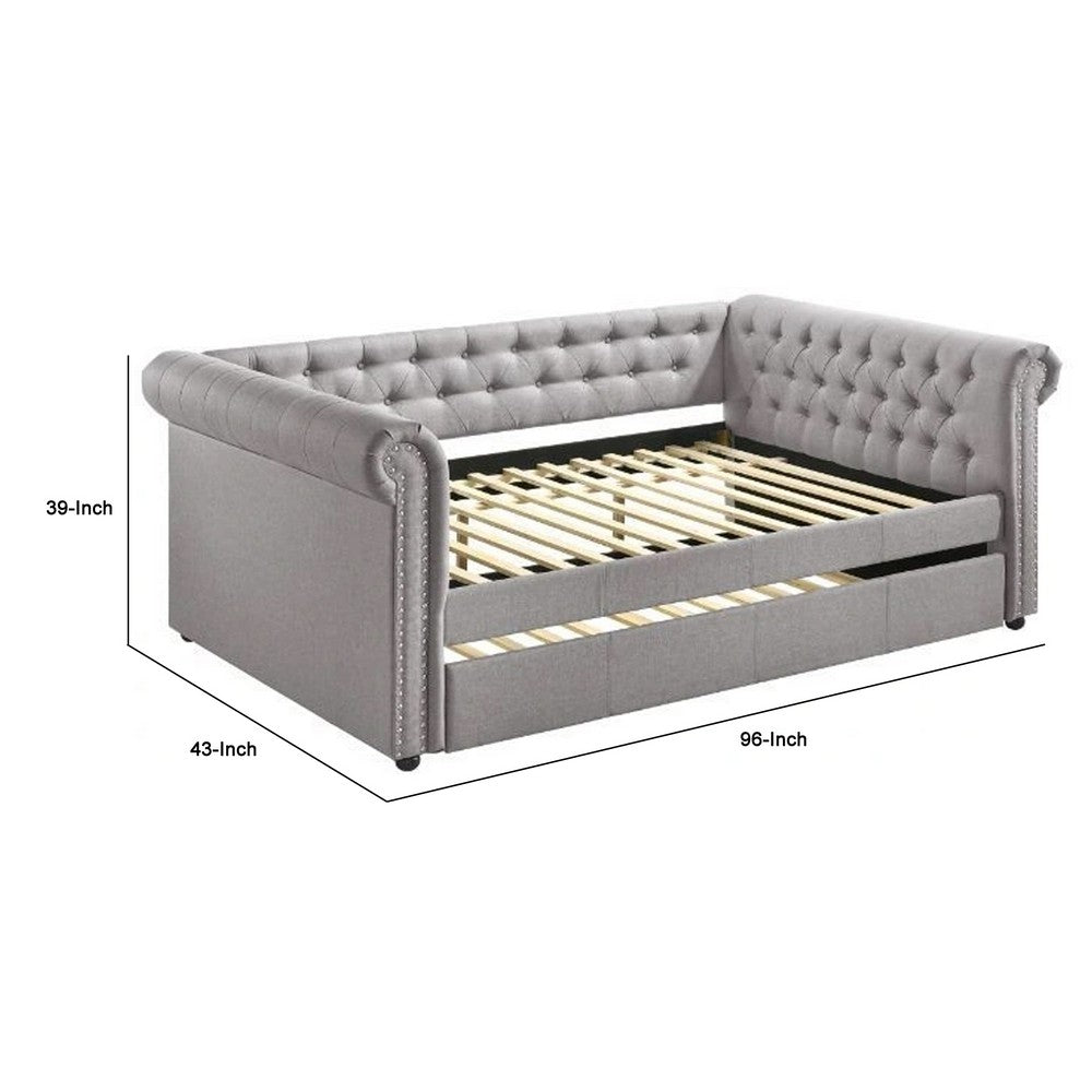 Benjara Chesterfield Twin Size Daybed with Attached Trundle And Nailhead Trims,Gray