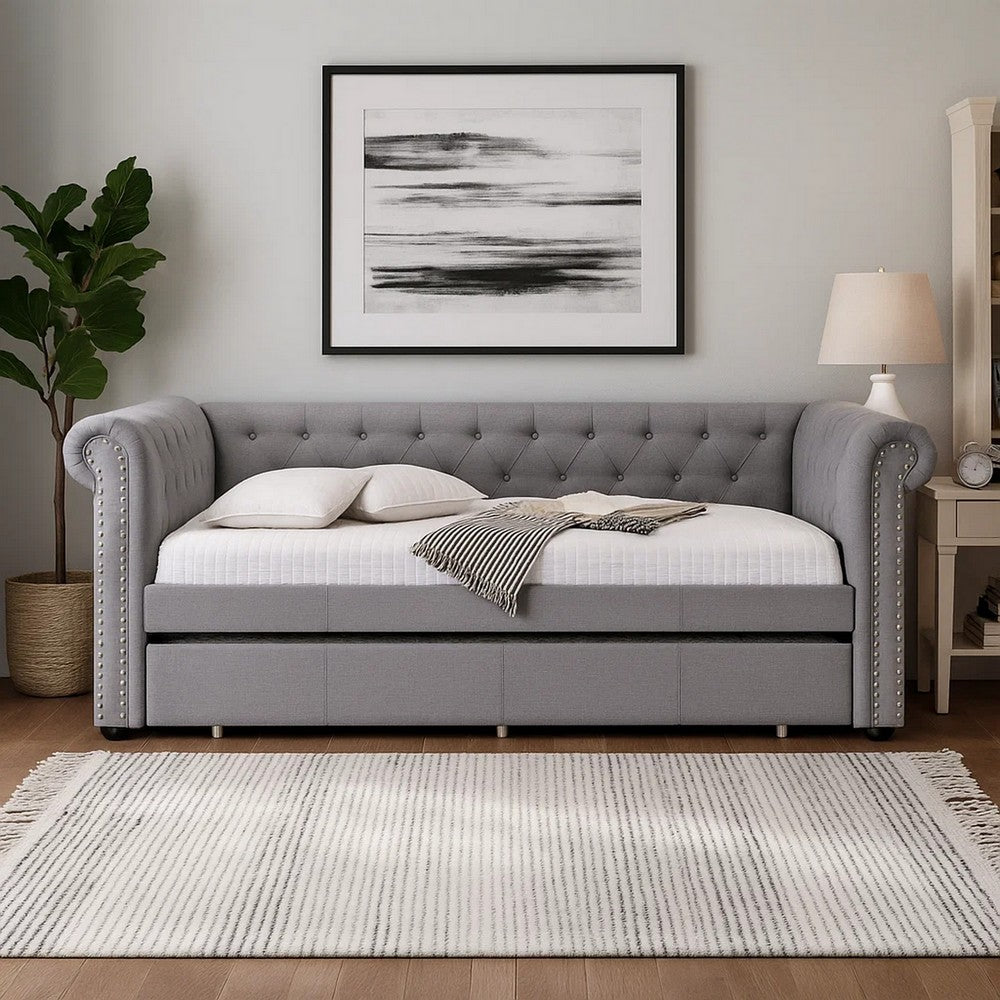 Benjara Chesterfield Twin Size Daybed with Attached Trundle And Nailhead Trims,Gray