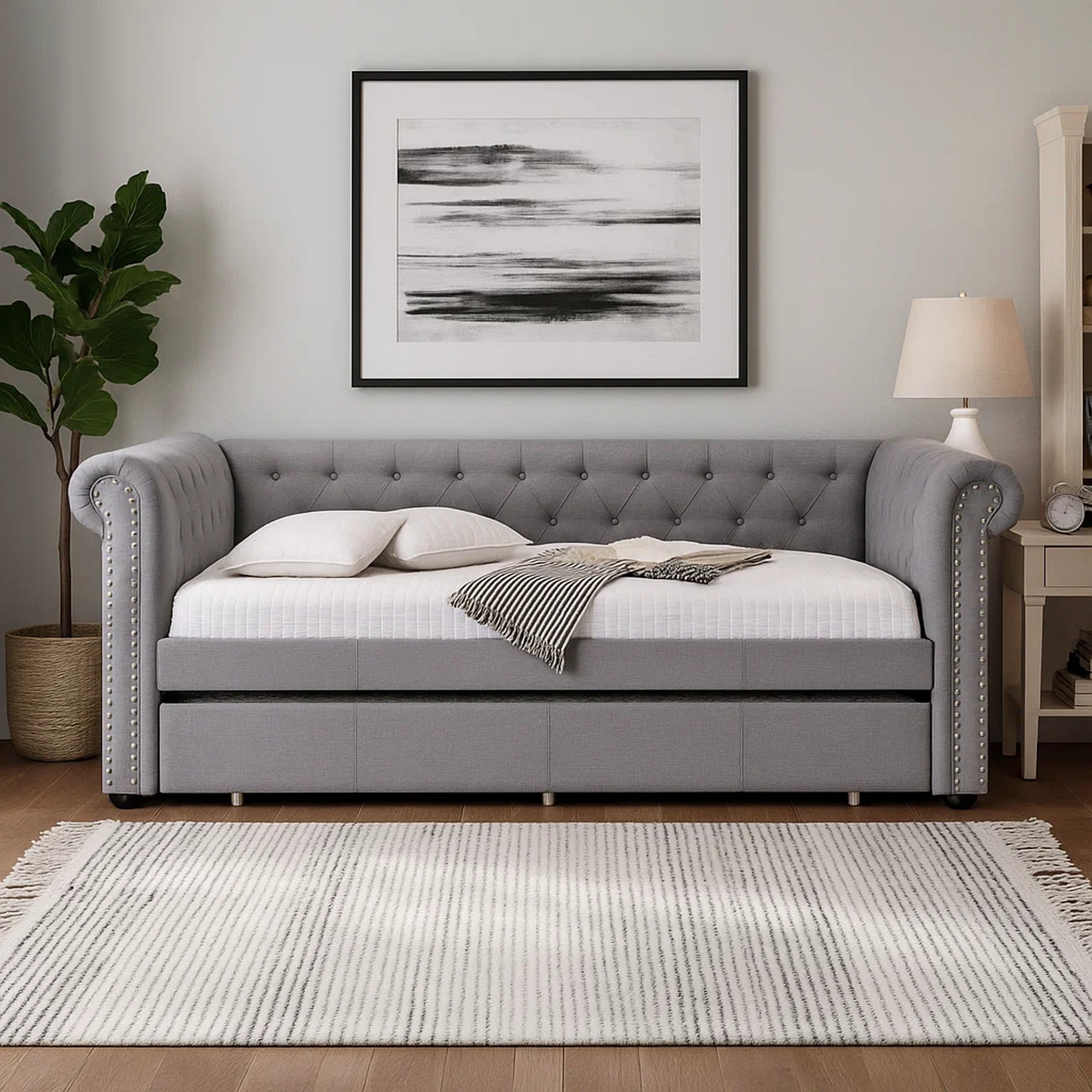 Benjara Chesterfield Twin Size Daybed with Attached Trundle And Nailhead Trims,Gray