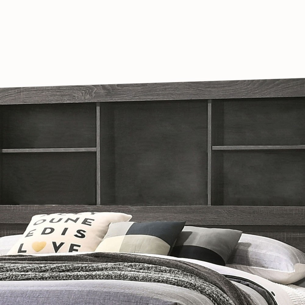 Benjara Wooden Queen Size Low Profile Size Bed with Bookcase Headboard, Gray
