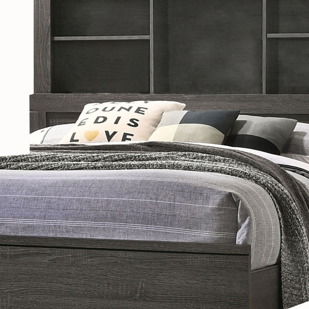 Benjara Wooden Queen Size Low Profile Size Bed with Bookcase Headboard, Gray
