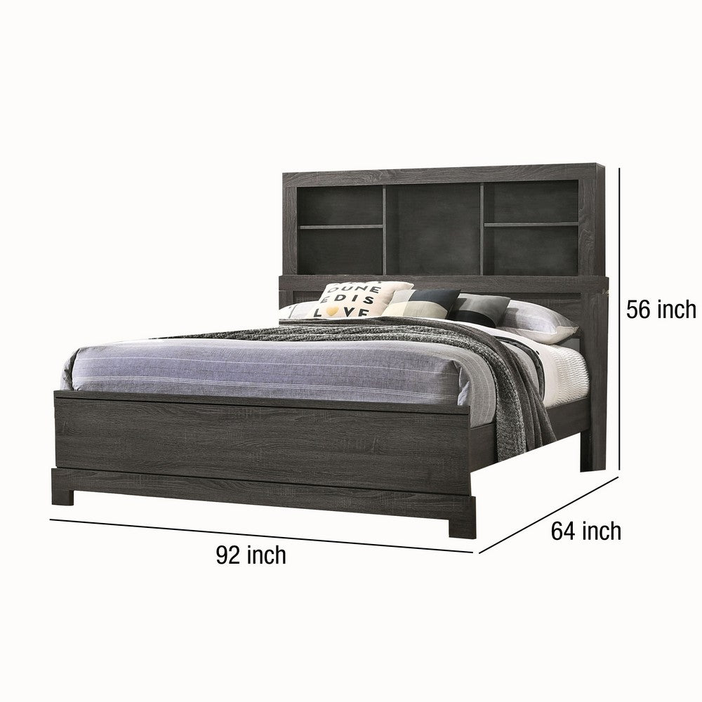 Benjara Wooden Queen Size Low Profile Size Bed with Bookcase Headboard, Gray