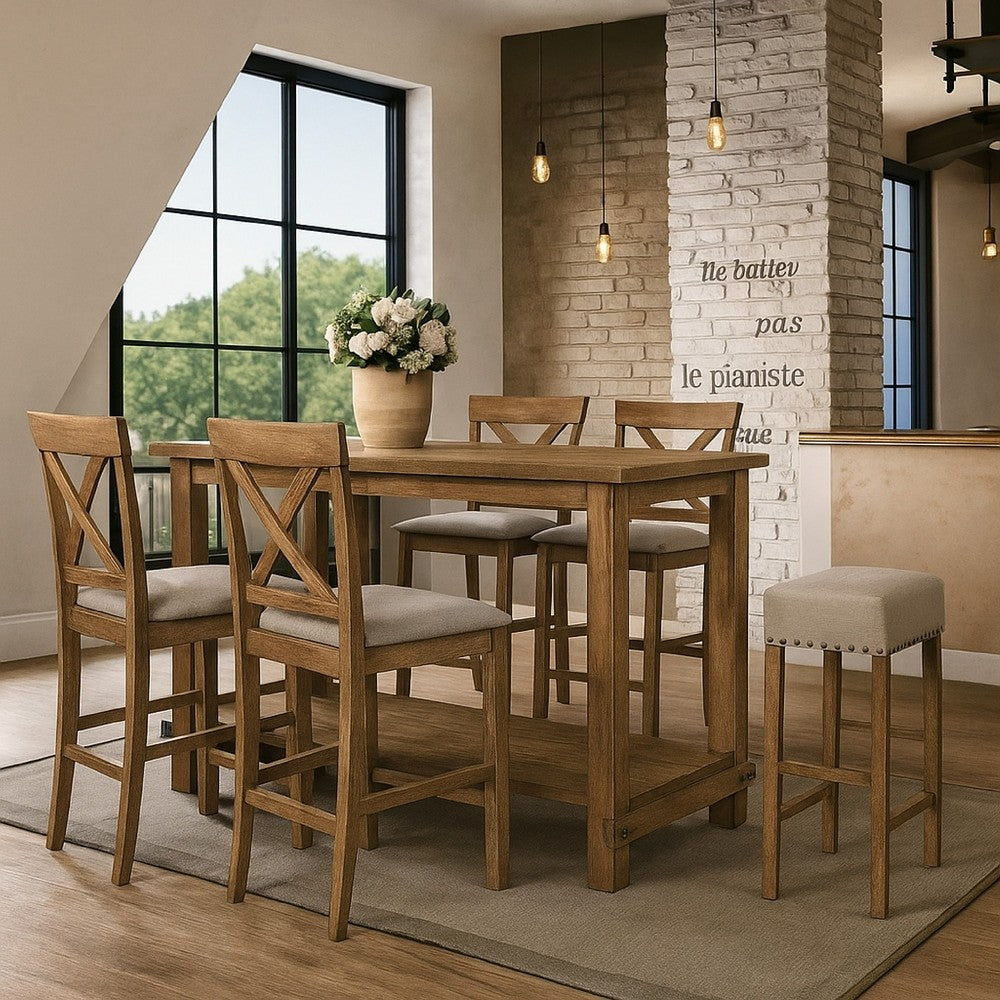 Benjara Counter Height Wooden Dining Table with Open Bottom Shelf, Brown