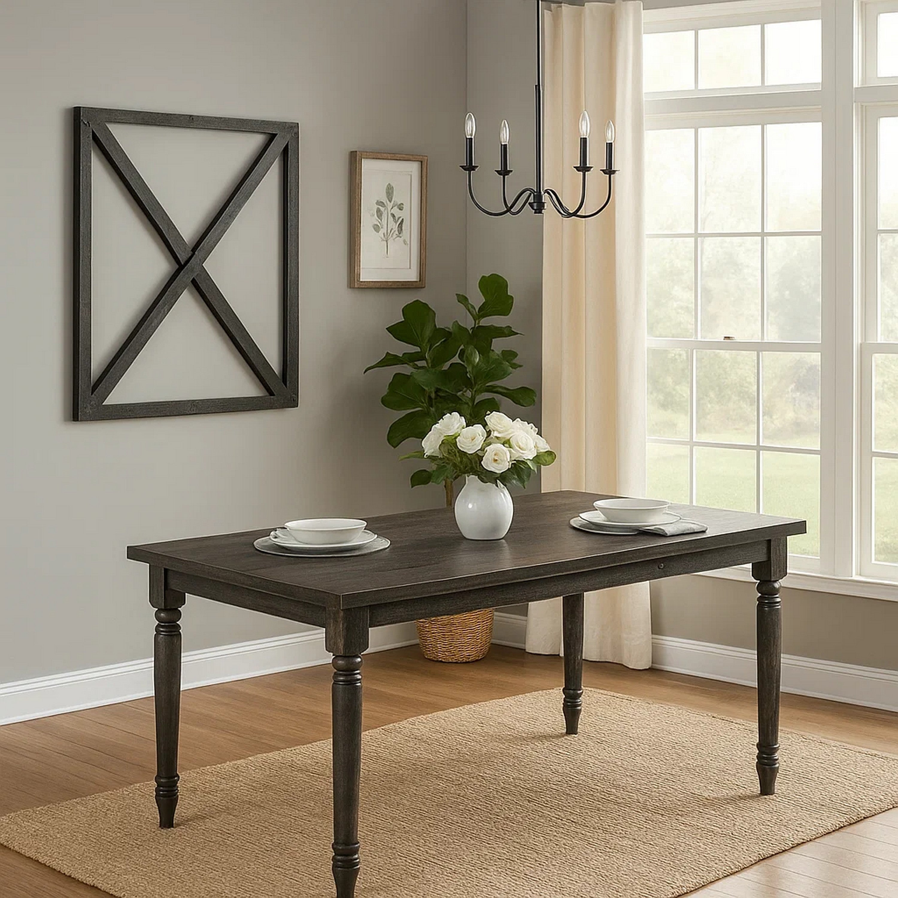 Benjara Rustic Style Wooden Dining Table with Rectangular Top And Turned Legs, Gray