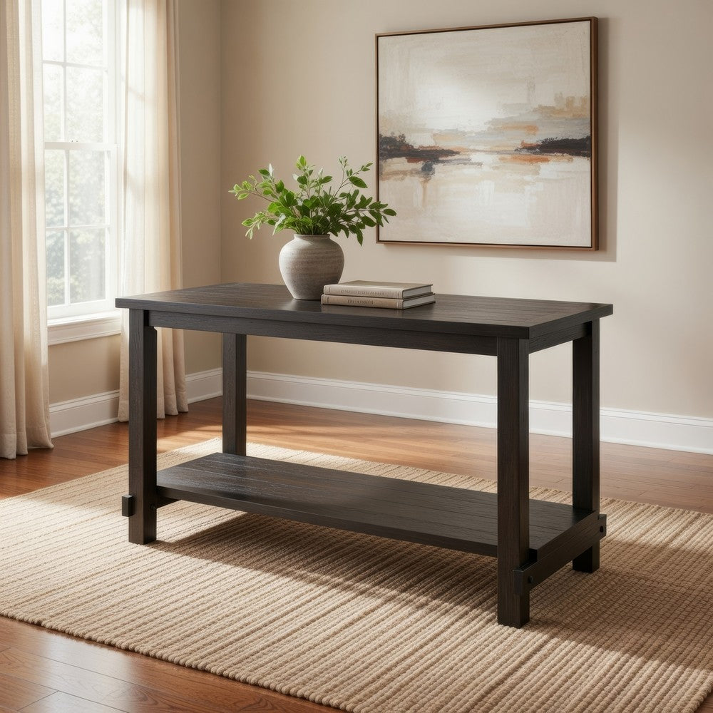 Benjara Counter Height Wooden Dining Table with Open Bottom Shelf, Gray