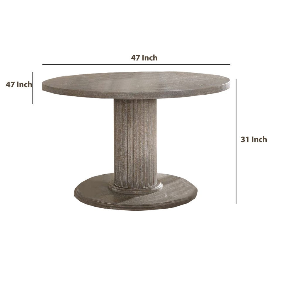 Benjara Round Dining Table with Fluted Column Pedestal Base, Gray