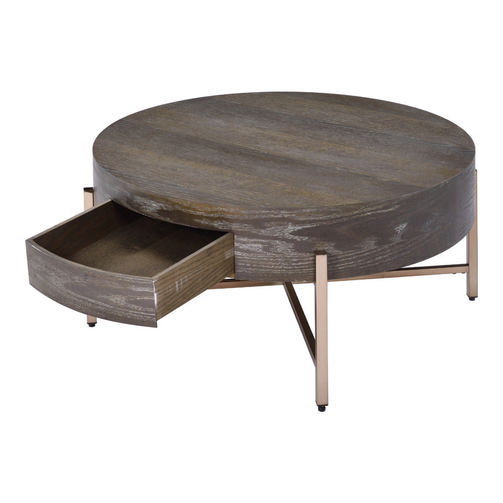 Benjara 1 Drawer Round Modern Coffee Table with Crossed Metal Legs, Brown And Gold