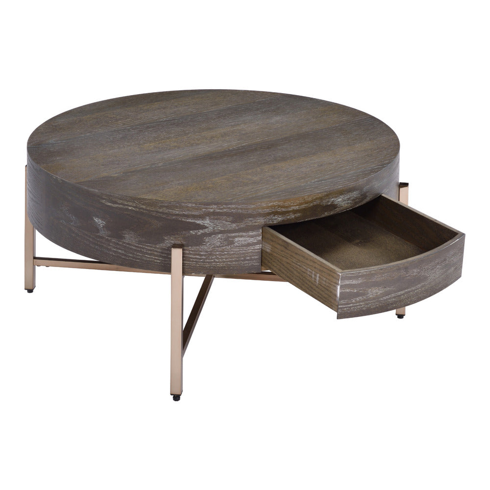 Benjara 1 Drawer Round Modern Coffee Table with Crossed Metal Legs, Brown And Gold